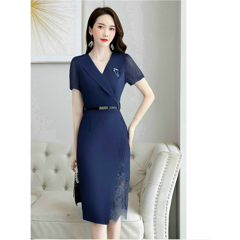 Đầm Trung Niên Phối Ren Cổ V Kèm Nịt và Phụ kiện đính Đá