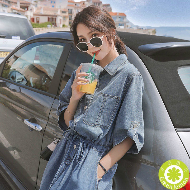 Đầm denim ngắn tay dáng dài ôm eo thời trang Hàn Quốc cho nữ