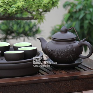 Bộ ấm chén tử sa Bát Tràng khắc hoa văn khay tròn