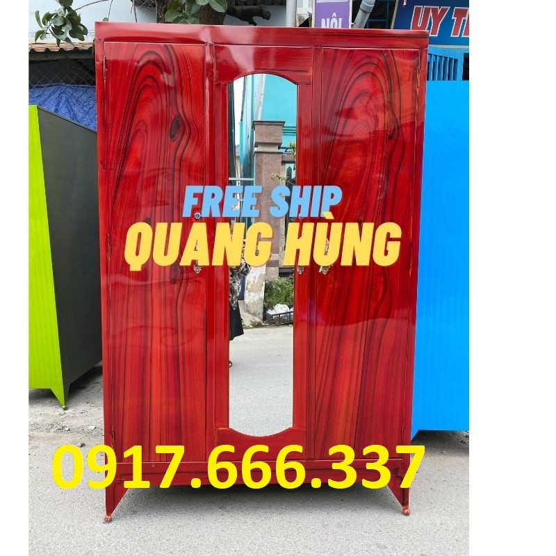 Tủ sắt đựng quần áo 3 cánh màu giả gỗ - Giao hàng trong ngày HCM