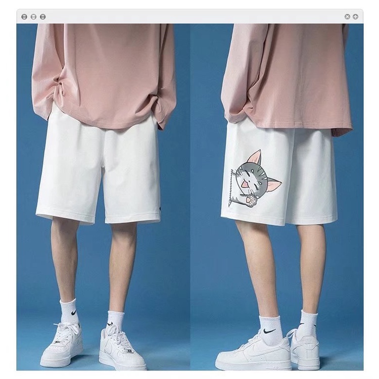 Quần Short Thể Thao Bằng Lụa Lạnh In Hình Mèo Hoạt Hình Dễ Thương Thoáng Khí Nhanh Khô 3 Màu Đen Trắng Xám Dành Cho Bạn Nam Mặc Khi Chạy Bộ Đi Biển