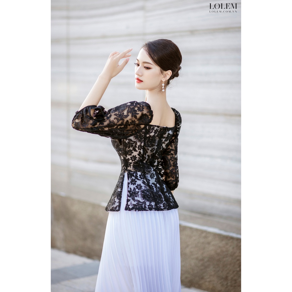 Áo ren tiểu thư LOLEM AK1253 thiết kế cổ vuông tay lỡ vải ren thoáng mát mềm mại