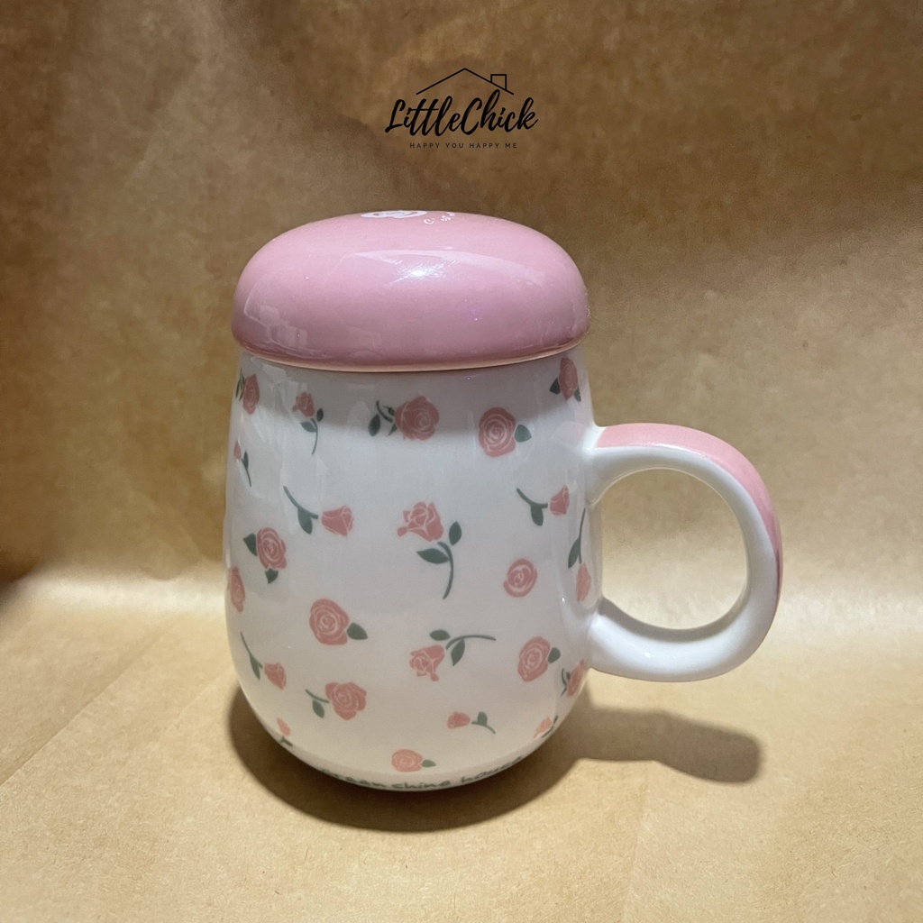 Set hoa hồng gồm ly sứ cà phê và nắp hoa hồng 250ml xinh xắn