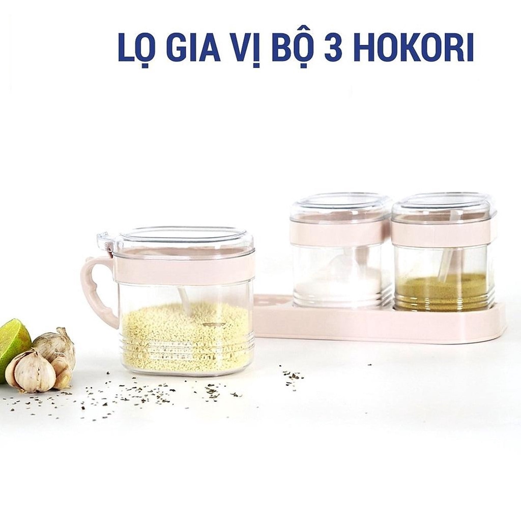 Bộ 3 lọ đựng gia vị Hokori kèm thìa và khay đựng tiện lợi nhựa Việt Nhật trong suốt, hũ gia vị có nắp 2936