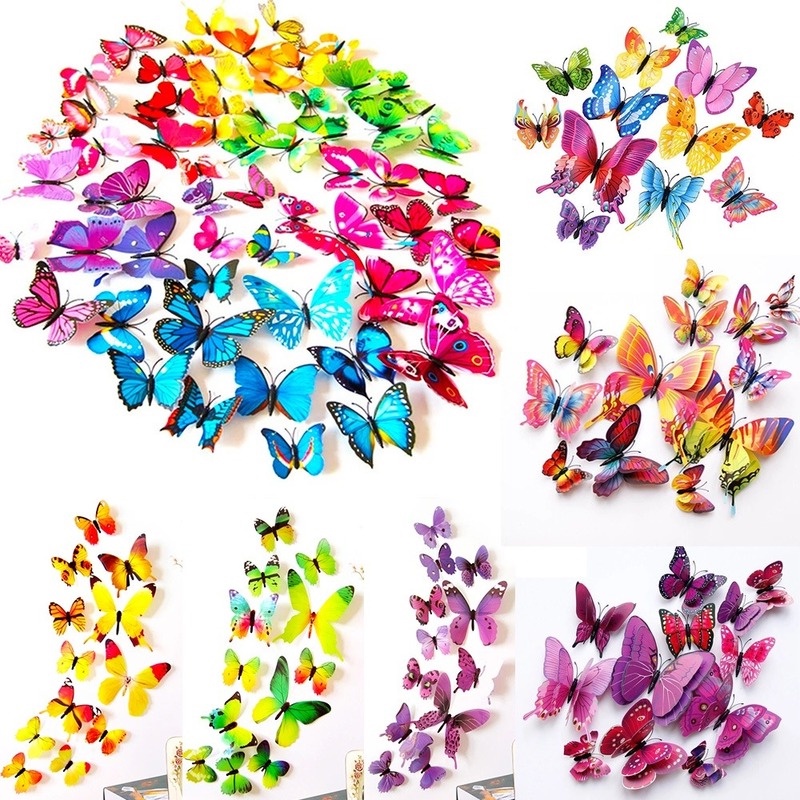 12 Sticker Dán Tường Họa Tiết 3D Hình Con Bướm Dùng Trang Trí Nhà