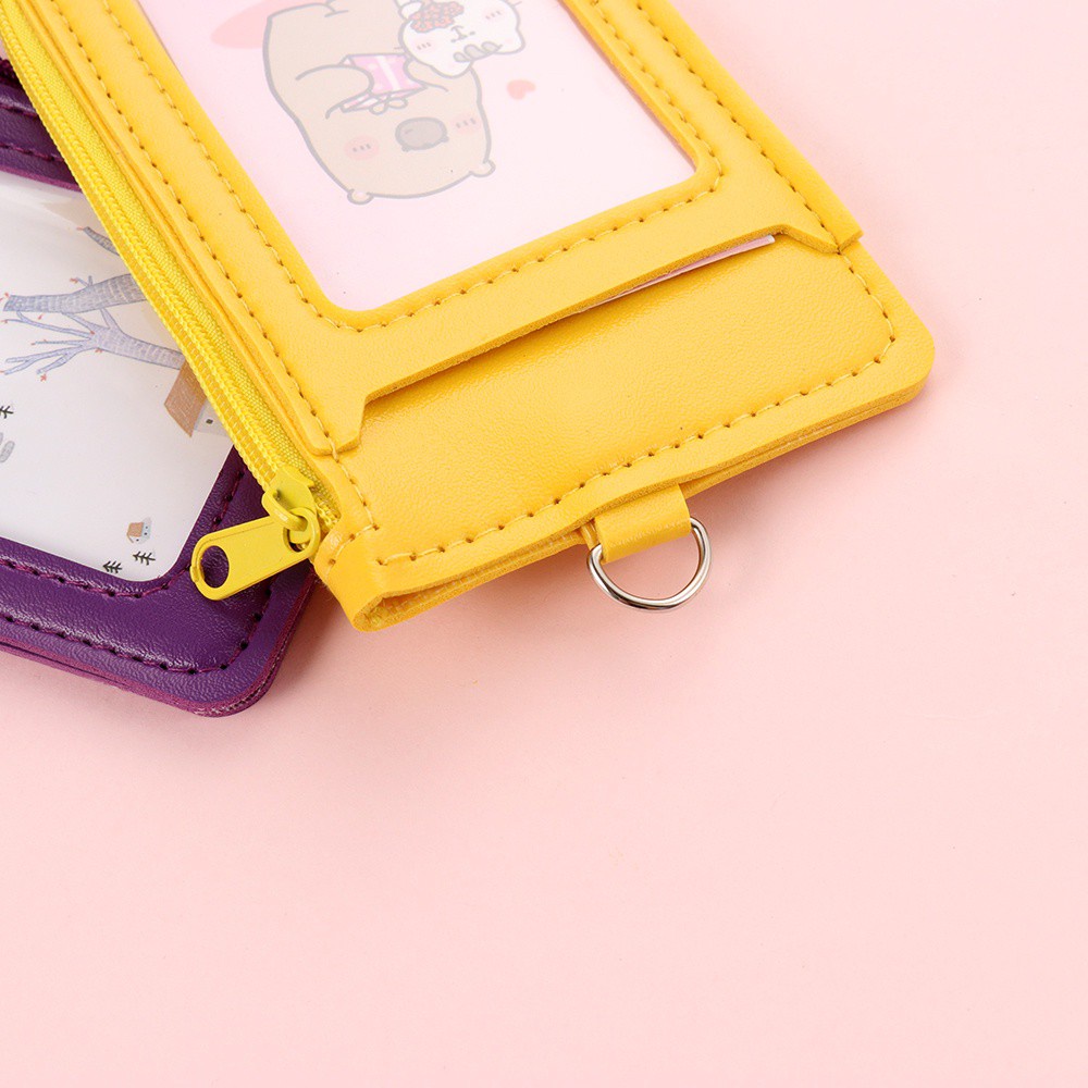 Bao đựng thẻ bằng da PU có dây đeo cổ có khóa kéo đơn giản tiện dụng cho học sinh / nhân viên văn phòng