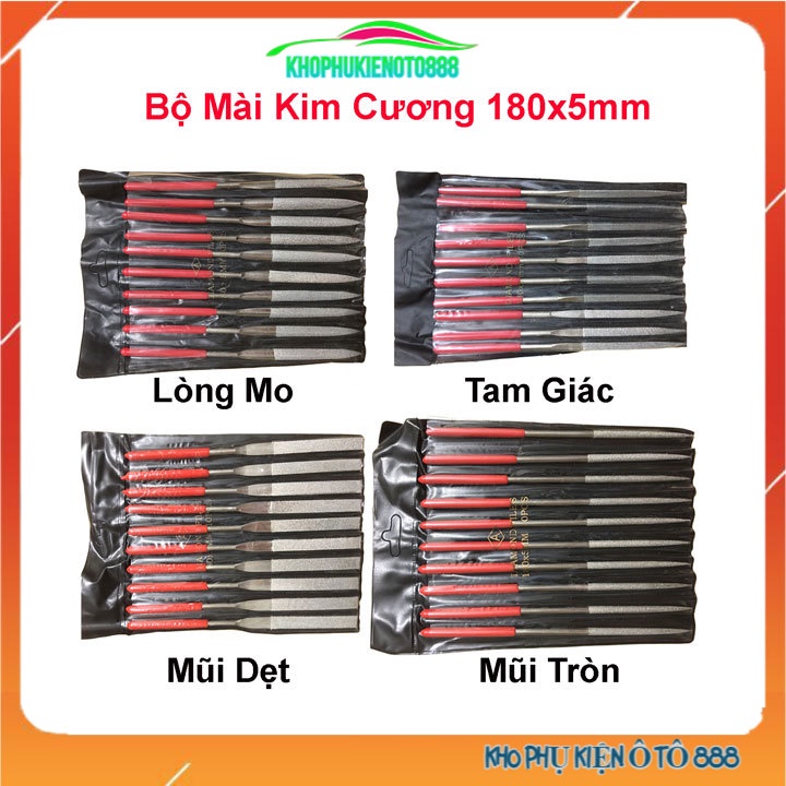 Bộ 10 đầu mài kim cương dũa kim loại 180x5mm mũi tam giác, dẹt, lòng mo, tròn