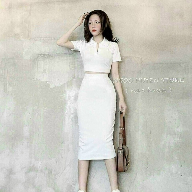 Set đầm polo ôm body dáng dài sexy áo croptop kèm chân váy phong cách retro