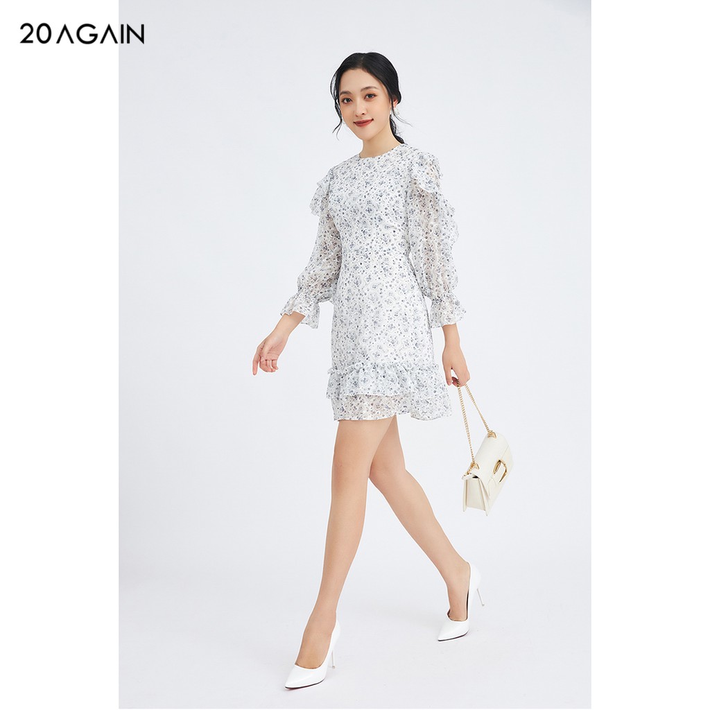 Đầm váy nữ công sở 20AGAIN đủ màu, đủ size, vải voan dài tay gấu 2 tầng bèo họa tiết DEC0054