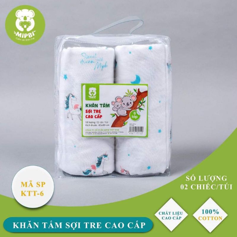 Khăn tắm sợi tre Mipbi 6 lớp màu Xanh, Hồng, Trắng