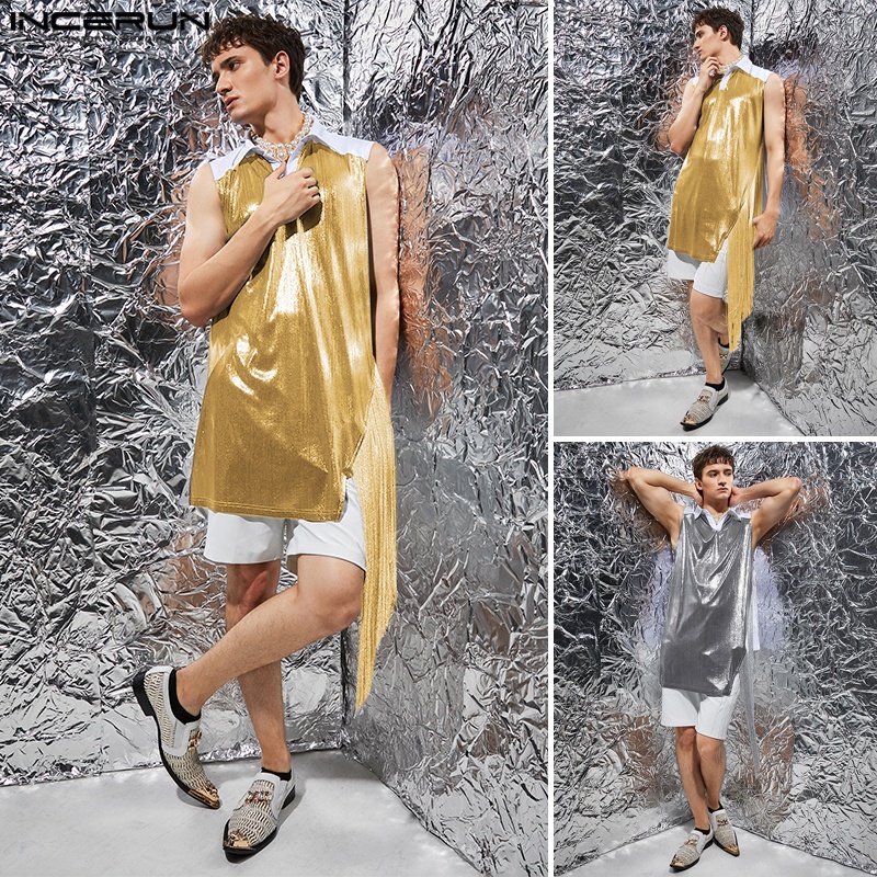 Áo sơ mi INCERUN sát nách phối tua rua lấp lánh cá tính tùy chọn màu sắc cho nam