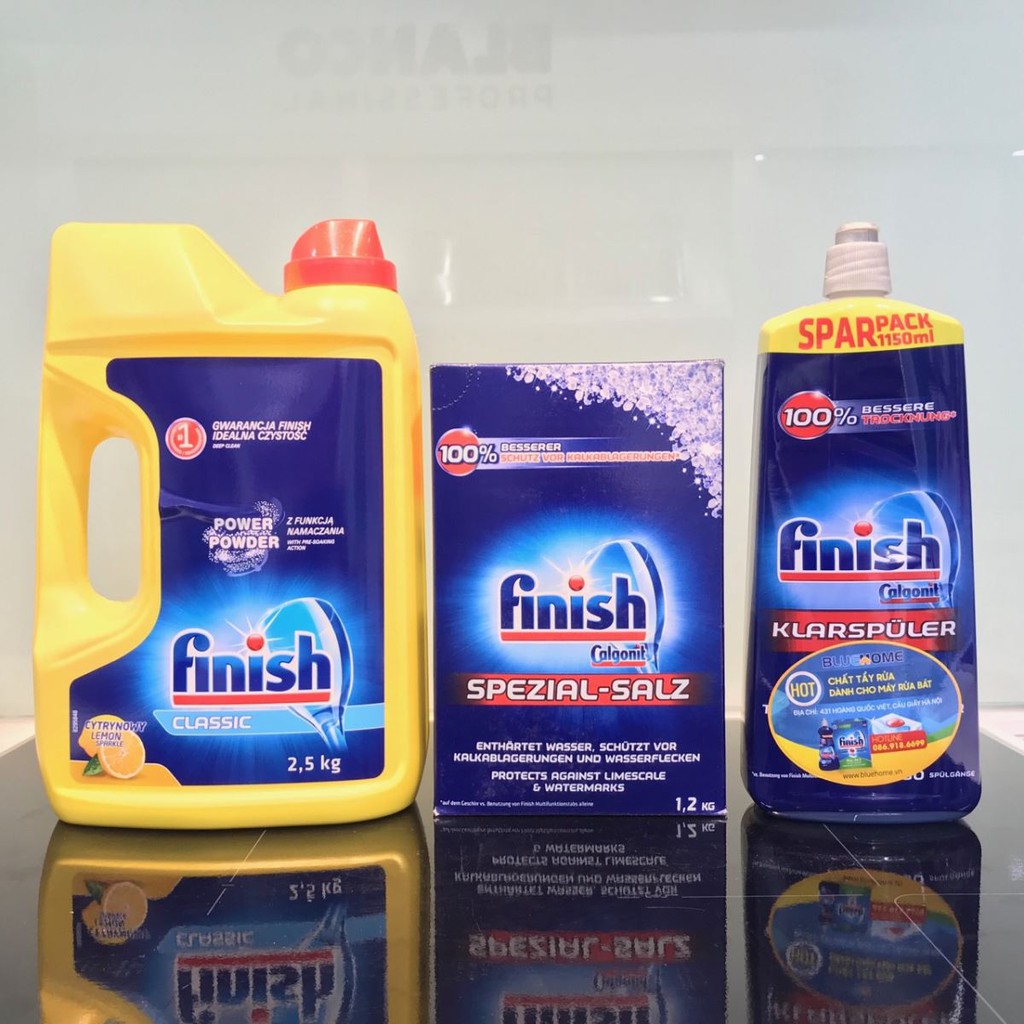 Bột rửa chén Finish 2.5kg+Muối Finish 1.5kg+1150ml Nước bóng Finish dùng cho Máy rửa chén