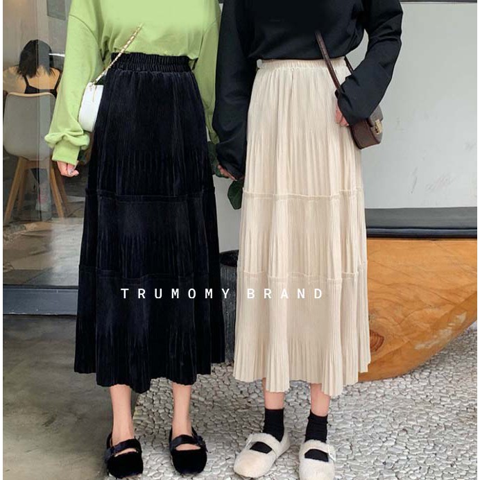 Chân váy nhung xếp ly xòe dài Vintage Quảng Châu phối 2 viền bèo, cạp cao, lưng thun, dài qua gối - Trumomy | BigBuy360 - bigbuy360.vn