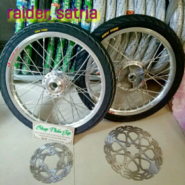 BÁNH CĂM DÀNH CHO XE RAIDER, SATRIA, CĂM ĐÙM MẠ CROM,NIỀNG NHÔM RACINGBOY TRƯỚC VÀ SAU 1.4 FULL VỎ RUỘT CRV KÈM HAI ĐĨA