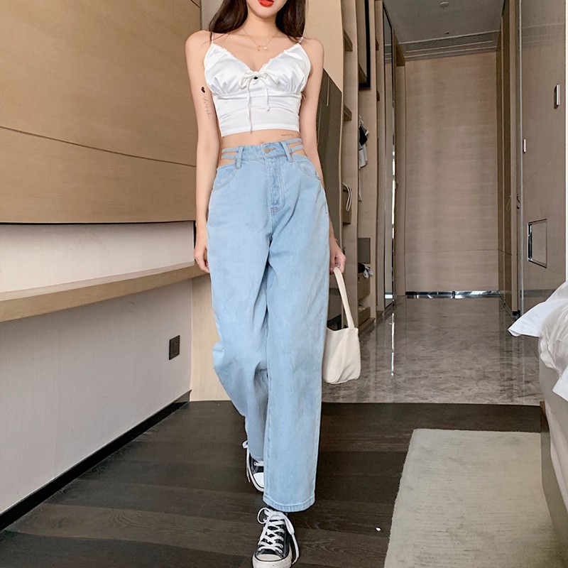 Quần jeans nữ lưng cao ống suông phối eo cá tính