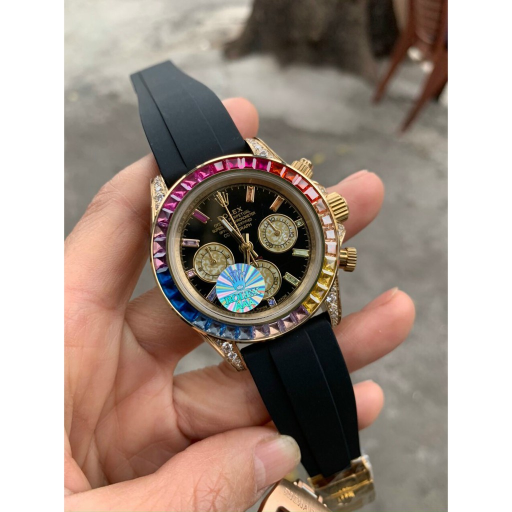 Đồng hồ nam Rolex máy cơ mặt tròn đính đá ngũ sắc, dây cao su chống nước cao cấp