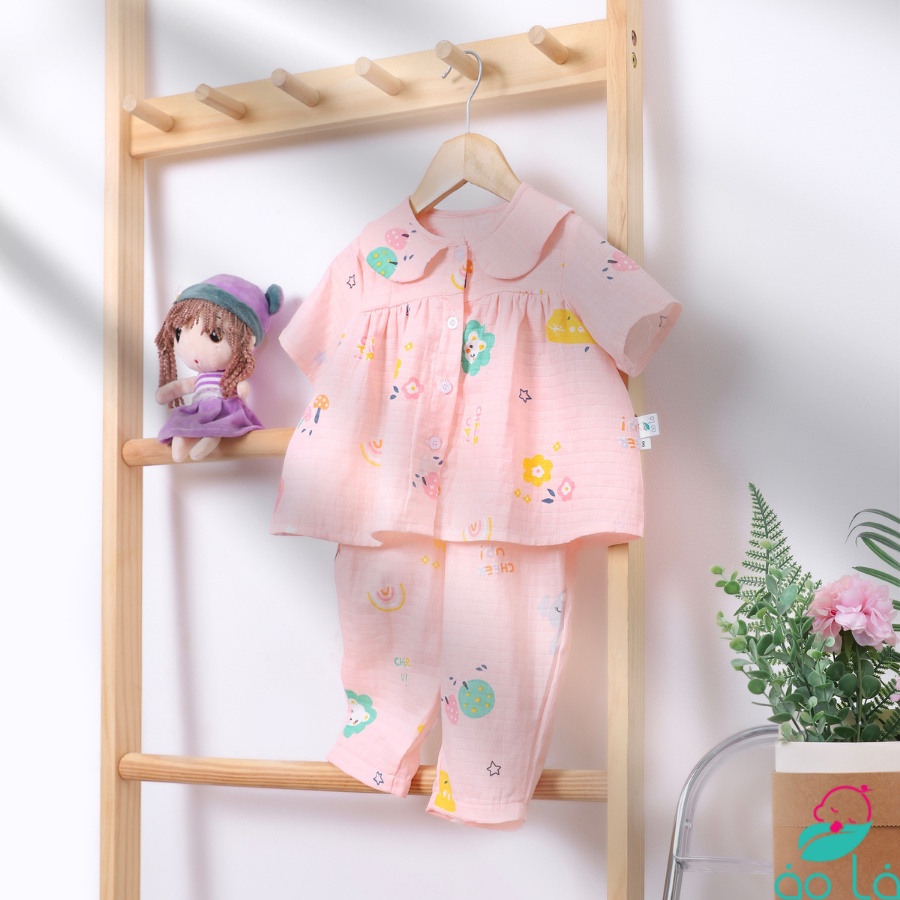 Pijama tay ngắn bé gái vải xô tre Áo Lá Homewear XONG22, đồ bộ xô bé gái babydoll họa tiết dễ thương