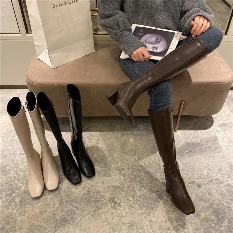 [sẵn]bốt gối (boot đùi) da lì trơn khoá cạnh gót 5p (hàng QC full box) có lót lông mã 220