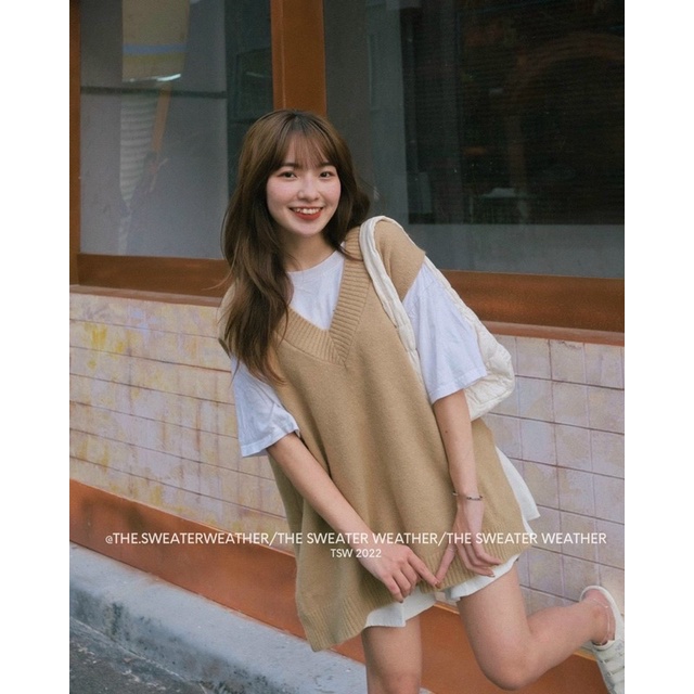 Áo len gile nữ trơn cổ tim xẻ tà basic Quảng Châu vintage mùa đông BZ098
