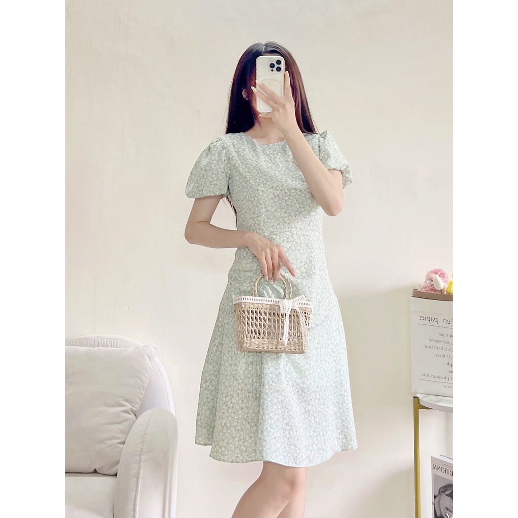 Váy thiết kế AURORA hoa nhí 2 lớp nhún eo cổ tròn bóp eo hack dáng tôn da chất liệu tơ dệt thoáng mát