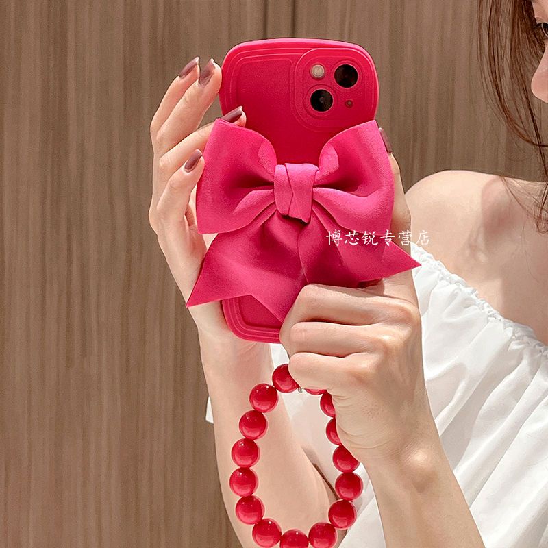 Ốp Điện Thoại Mềm Họa Tiết Hoa Hồng Thắt Nơ Đỏ Nữ Tính Gắn Dây Đeo Cổ Tay Cho Iphone 13 11 12promax xr xs 14