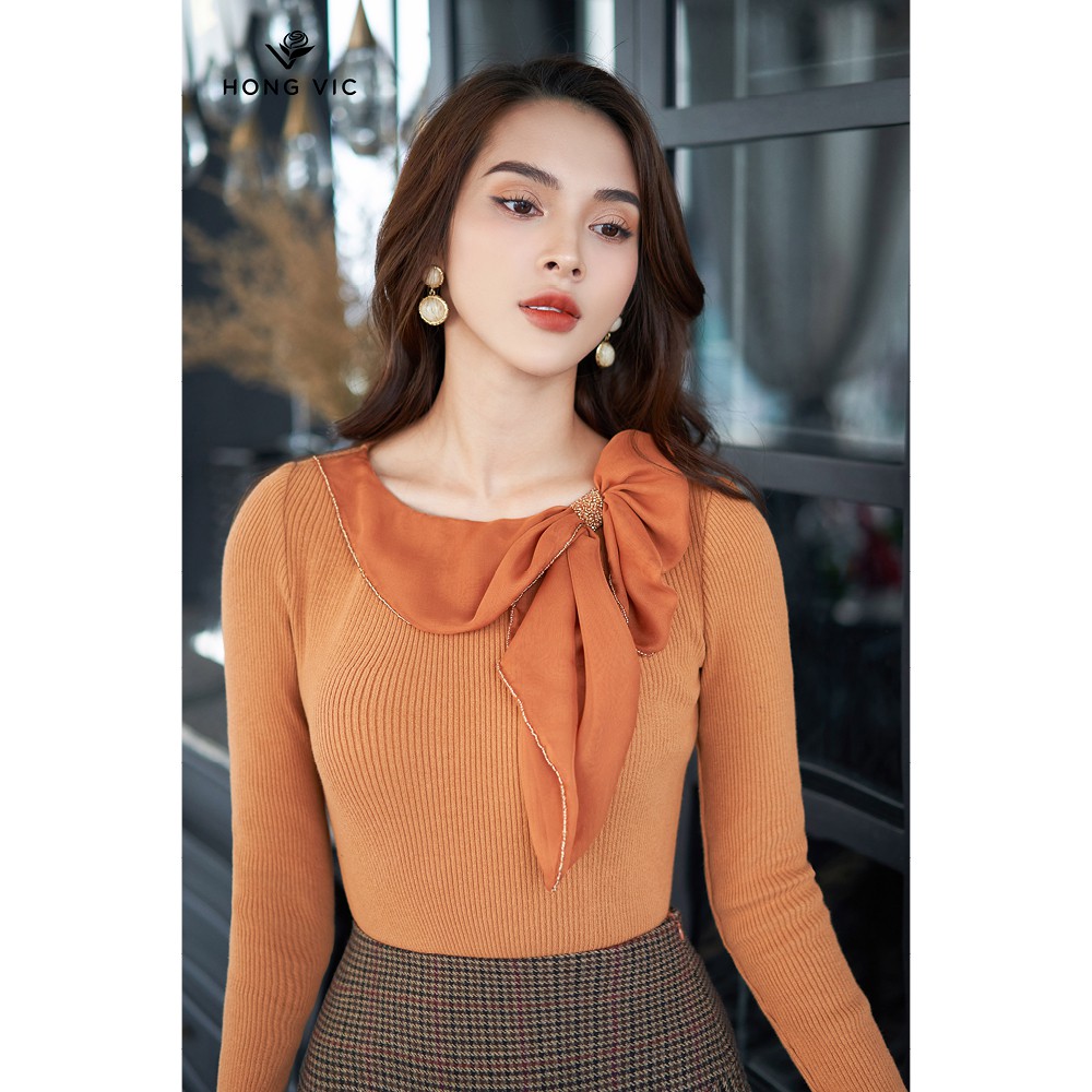 Áo kiểu nữ thiết kế Hongvic len cam cổ nơ SM182