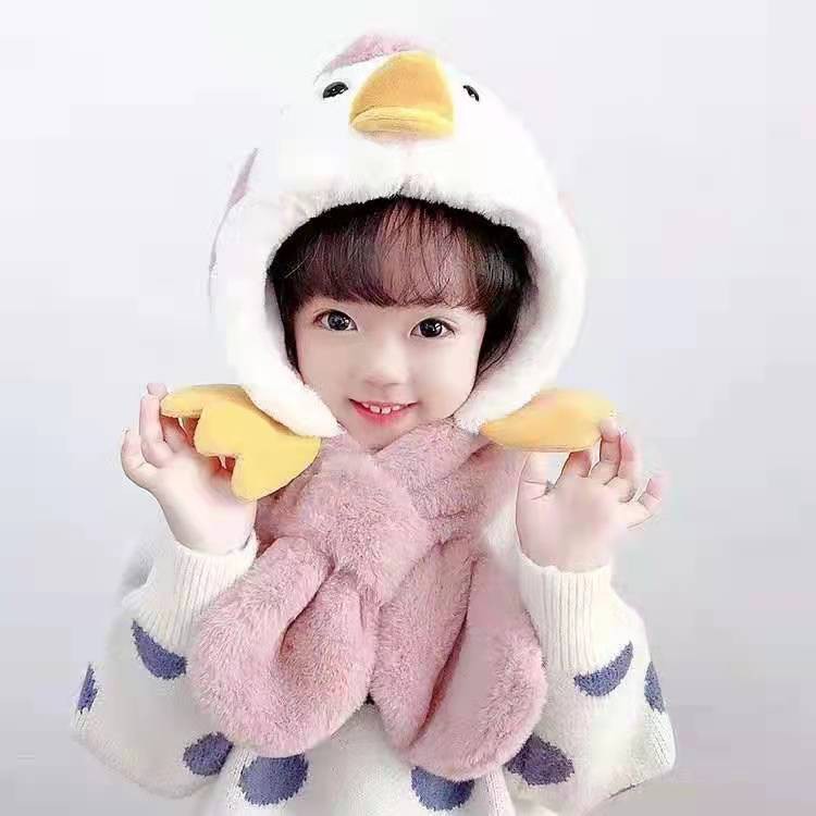 Mũ trùm đầu tích hợp khăn choàng cổ giữ ấm mùa thu đông họa tiết chim cánh cụt hoạt hình dễ thương cho bé