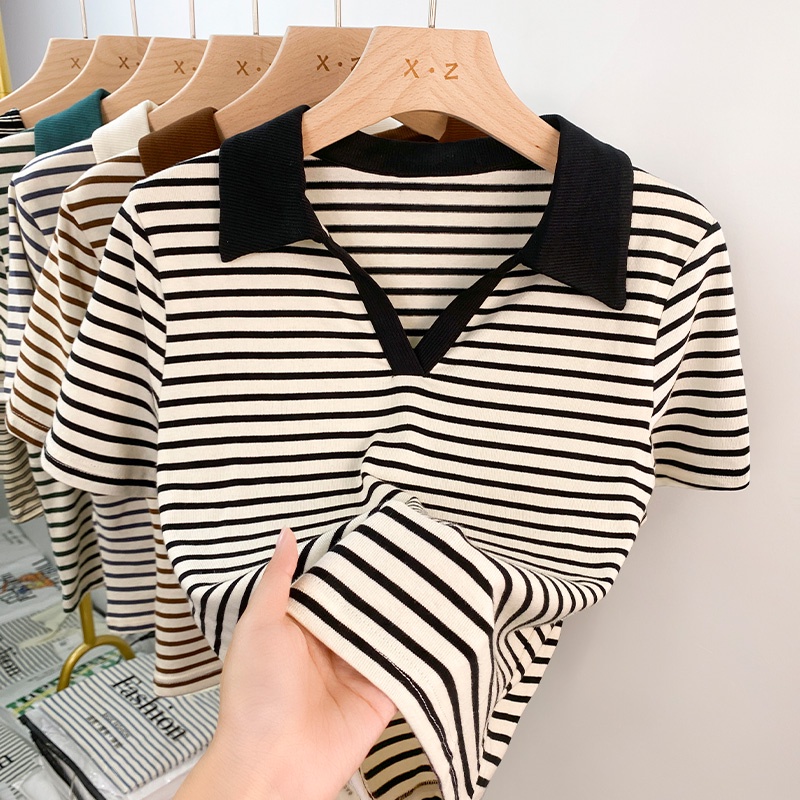 Áo Thun Polo Tay Ngắn Cổ Chữ v Họa Tiết Kẻ Sọc Thời Trang Mùa Hè Hàn Quốc Dành Cho Bạn Nữ 54031