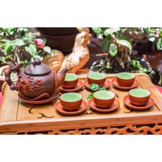 Ấm chén tử sa khay thủng đắp nổi