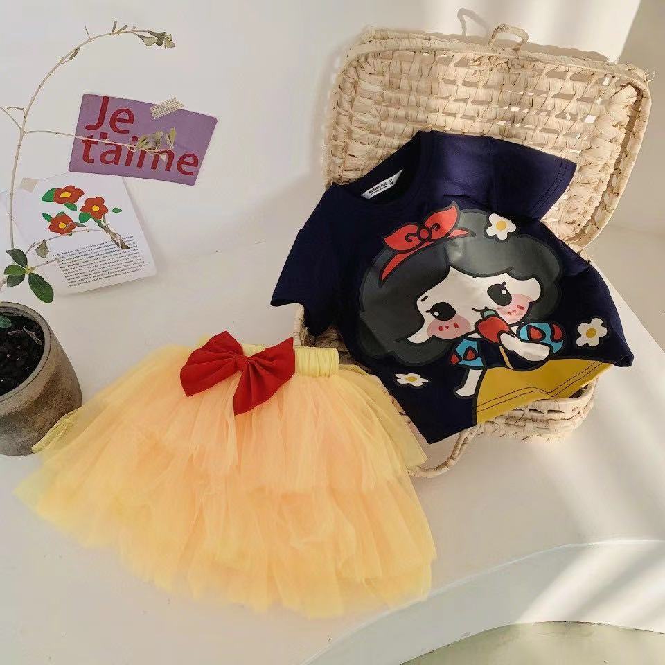 Bộ Áo Thun Tay Ngắn In Họa Tiết Hoạt Hình + Chân Váy Lưới Nơ Thời Trang Mùa Hè Hàn Quốc Dành Cho Nữ 2023