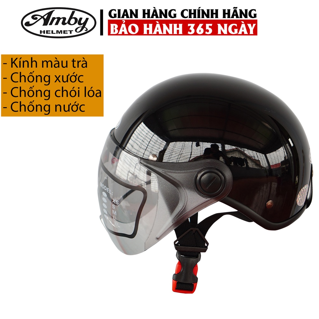 Mũ Bảo Hiểm Nửa Đầu Amby Helmet ST05, có kính che nửa mặt, kiểu dáng thời trang, khóa nhựa bền chắc - Đen Bóng