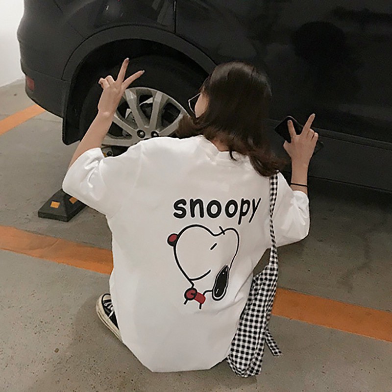 Áo thun cổ tròn ngắn tay in hình chó Snoopy thời trang cho nữ