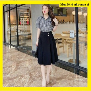Chân váy dáng dài công sở,Chân váy công sở midi qua gối xếp ly đính cúc eo- màu đen