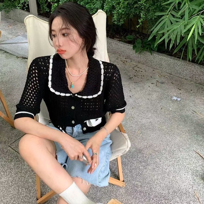 Áo cardigan dệt kim ZHELIHANGFEI tay ngắn cổ búp bê dáng rộng thời trang dễ thương xinh xắn cho nữ