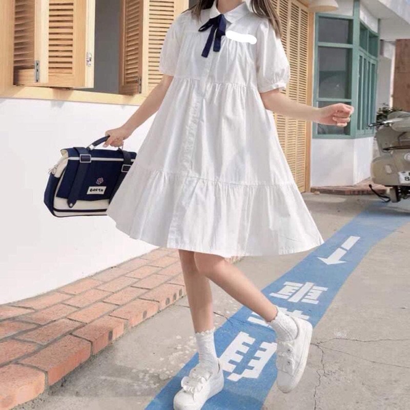 Váy sơ mi babydoll kèm nơ ullzang - Đầm sơ mi babydoll kèm nơ dáng xoè Pea Store