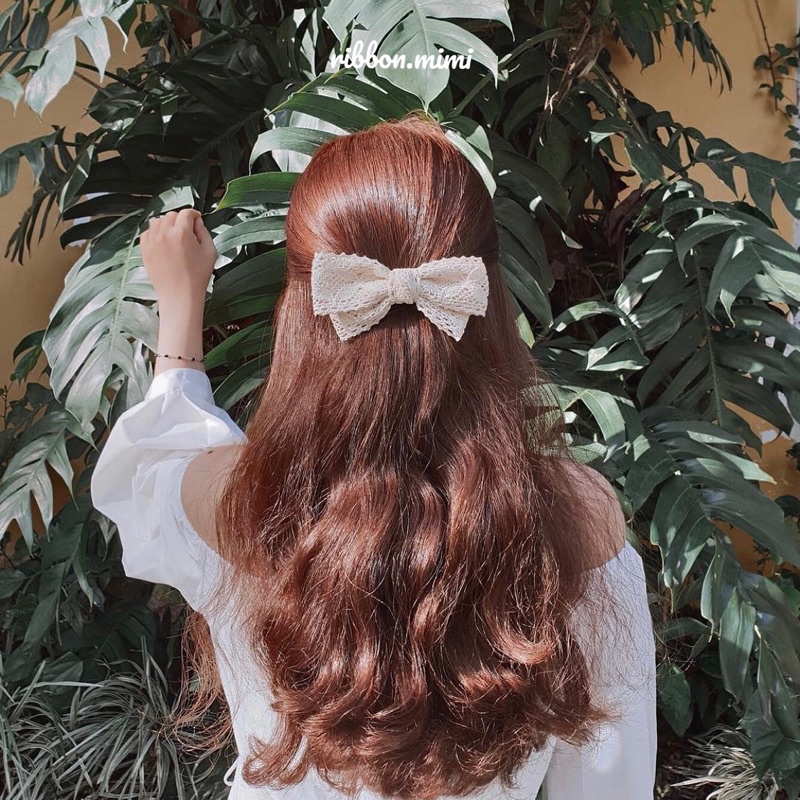 Kẹp Tóc Nơ Ren Trắng / Kem Handmade Ren Họa Tiết Hoa Cao Cấp Ribbon.mimi Leaf cột / kẹp