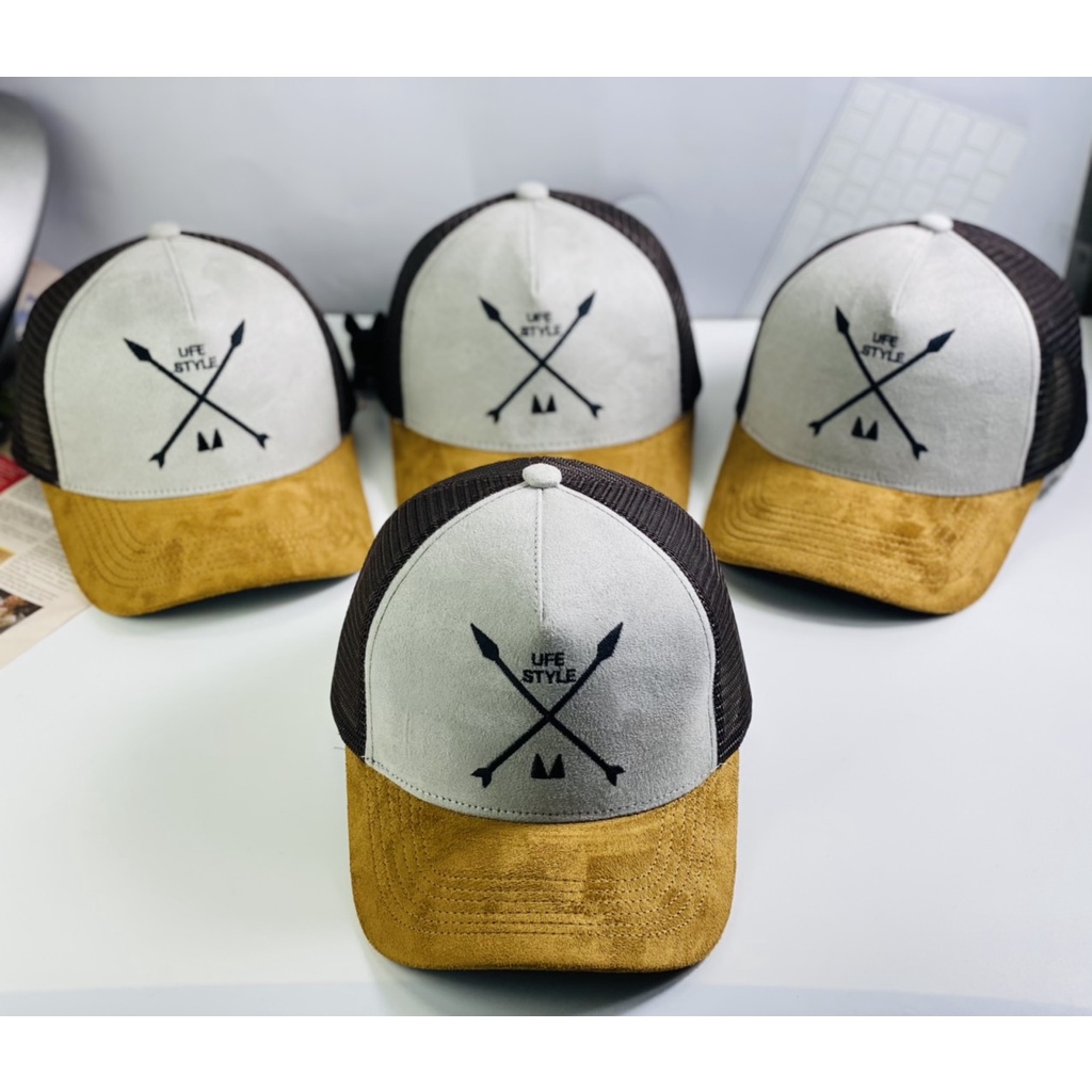 Nón kết phối lưới nâu mỏ bò thêu mũi tên thời trang