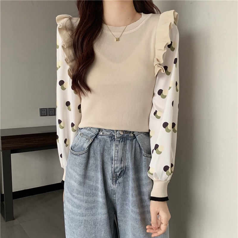 Áo dệt kim tay dài cổ tròn chui đầu viền xoăn dạng ghép nối họa tiết chấm bi thời trang mùa thu cá tính