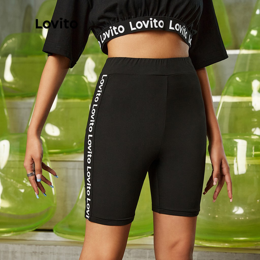 Quần short Lovito màu trơn phối viền phong cách cơ bản thường ngày L16EE52 (Màu đen) | BigBuy360 - bigbuy360.vn