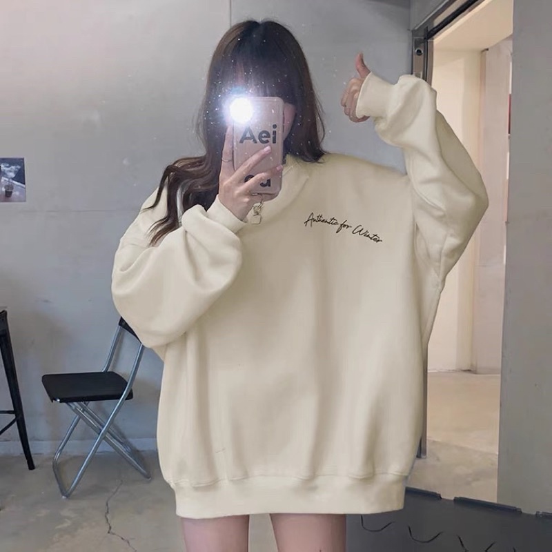 (CÓ SẴN) Áo nỉ lót bông dáng oversize ấm áp phù hợp mùa thu đông có 2 màu be, đen có size