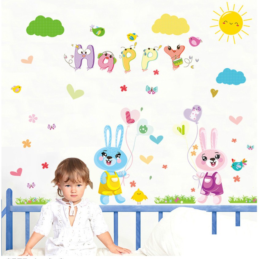 Decal dán tường - Thỏ sắc màu vui nhộn