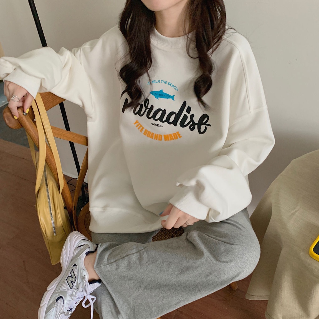 Áo thun tay dài cổ tròn dáng rộng in họa tiết thời trang mùa thu phong cách Hàn Quốc