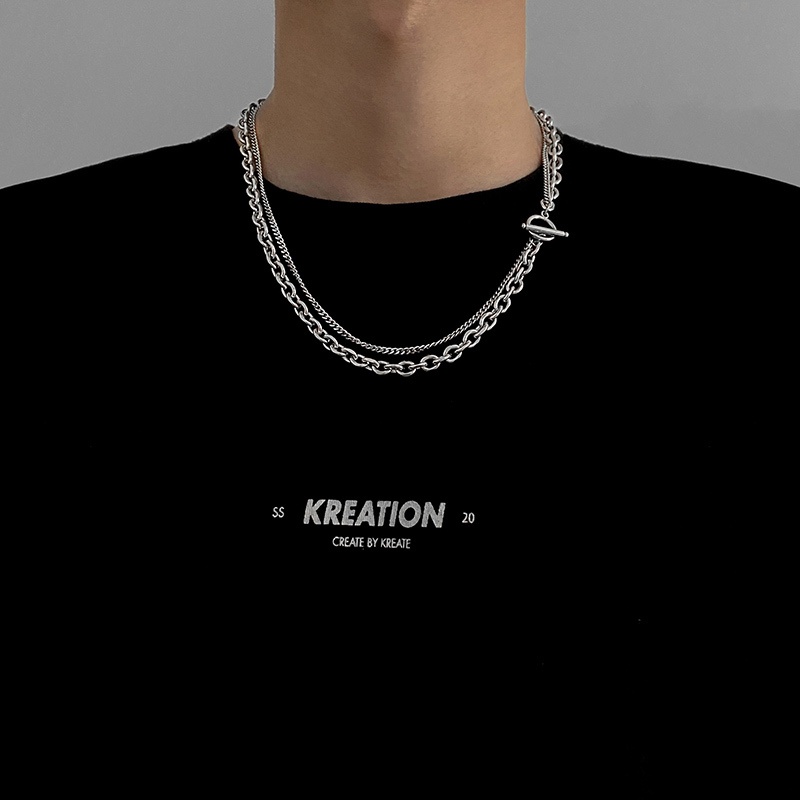 Vòng cổ Hai Lớp Bằng Thép Titan Phong Cách hip hop Đơn Giản Thời Trang Cho Nam