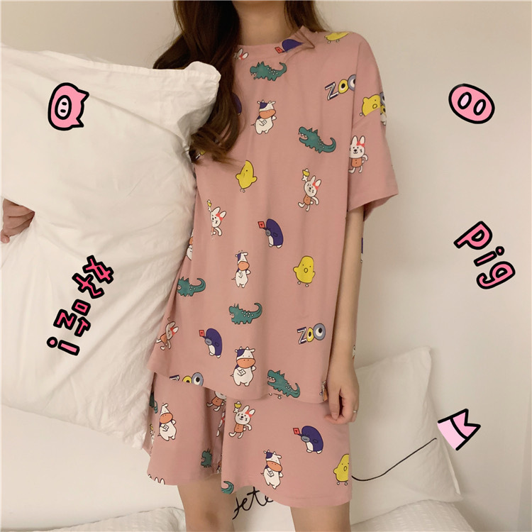 Bộ Đồ Ngủ Pijama Ngắn Tay In Họa Tiết Cá Sấu Dễ Thương Cho Nữ đồ ngủ Váy ngủ pyjamas pijama nam nữ mùa hè đồ đôi pijama ngắn lụa satin dễ thương bigsize đồ mặc nhà cao cấp