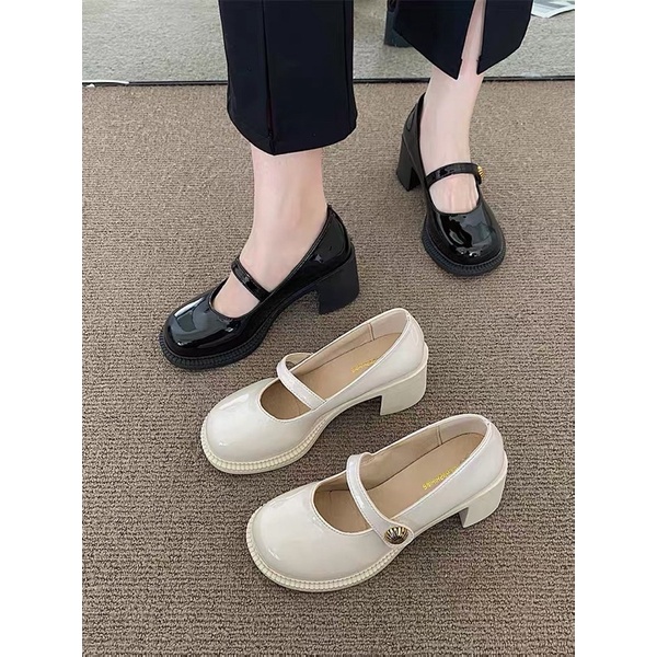 (Sẵn) Giày nữ cao gót Mary Jane đế vuông 6cm da bóng đẹp quai cài G223 Eudora899
