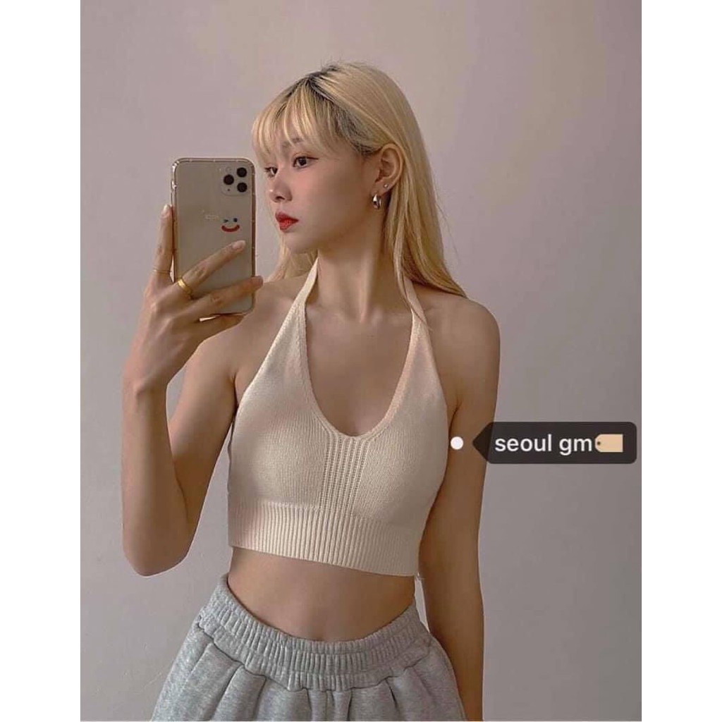 [sẵn] Áo croptop len tăm buộc dây cổ hở lưng sexy