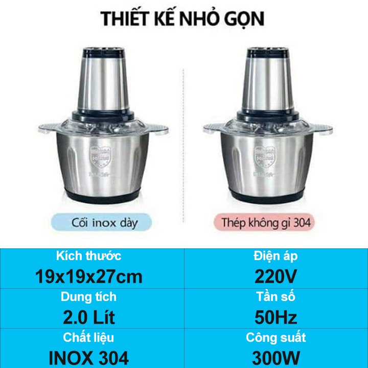 Máy Xay Thịt Cầm Tay Cối INOX 304 4 Lưỡi Dung Tích 2L, Công Suất 250W - Cối Xay Thực Phẩm Đa Năng