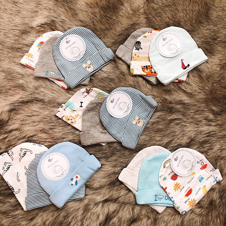 Set 3 nón mũ sơ sinh cho bé trai và bé gái từ 0-6 tháng tuổi chất thun cotton dày đẹp nhiều họa tiết BBShine – SS004