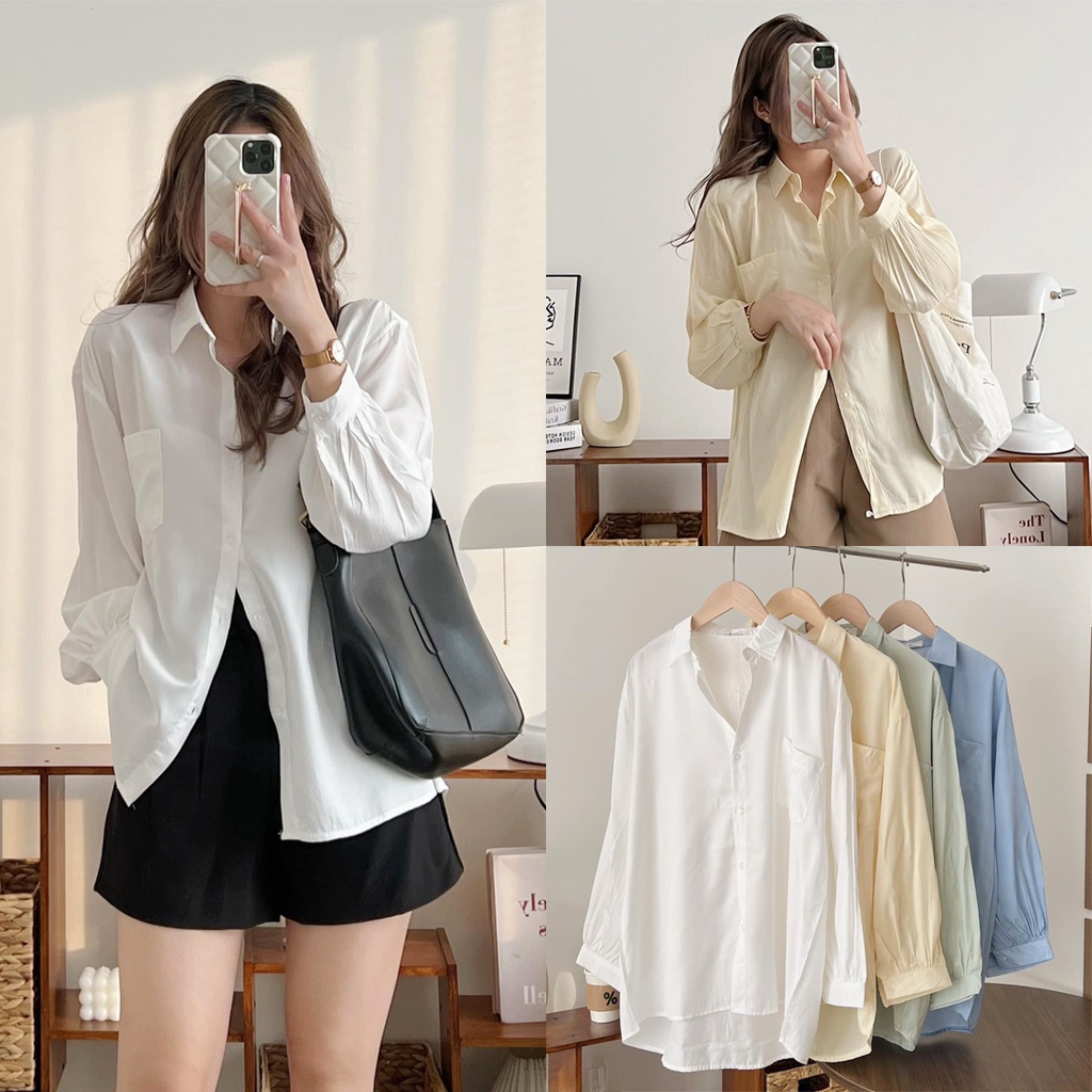 Áo sơ mi Hàn Quốc dáng rộng chất lụa nhiều màu tay xếp ly Ulzzang - Ảnh thật