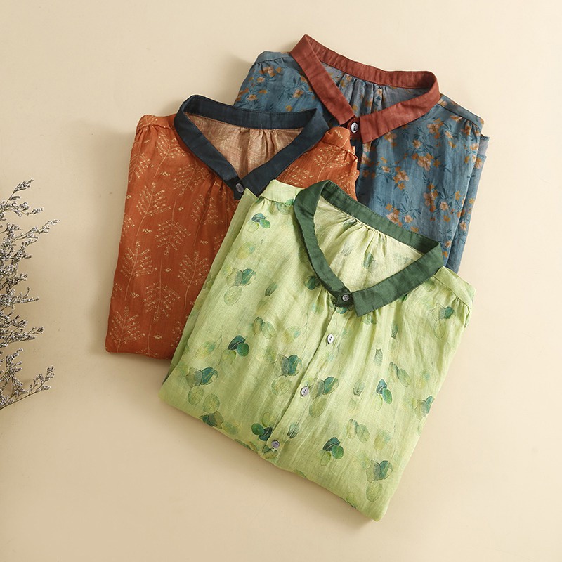 Ice Japanese cotton linen shirt tops female retro printing seven-point sleeve linen brand counter cut label